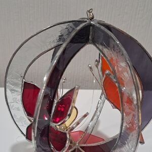 Stained Glass Butterfly Orb Ornament in Red, Purple & Orange